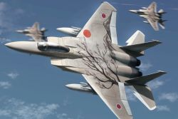 Rule 34 | aircraft, airplane, blurry, blurry background, cherry blossom print, f-15 eagle, fighter jet, floral print, flying, haonfest, highres, japan, japan air self-defense force, japan self-defense force, jet, military, military vehicle, original, sky, vehicle focus