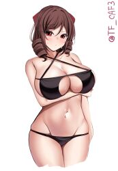 Rule 34 | 1girl, alternate costume, black bra, black panties, blush, bow, bra, breasts, brown hair, collarbone, cowboy shot, drill hair, hair between eyes, hair bow, harukaze (kancolle), highres, kantai collection, large breasts, long hair, looking at viewer, one-hour drawing challenge, panties, red eyes, simple background, smile, solo, tf cafe, twin drills, twitter username, underwear