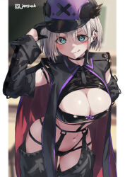 Rule 34 | 1girl, :q, aqua eyes, black choker, black gloves, black jacket, black sleeves, blurry, blurry background, breasts, cape, choker, cleavage, commentary request, detached sleeves, gloves, grey hair, hair between eyes, half gloves, hat, jacket, jonsun, large breasts, looking at viewer, navel, original, purple hat, red cape, riku (jonsun), short hair, solo, thighs, tongue, tongue out, twitter username