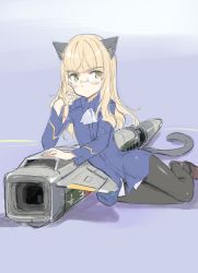 Rule 34 | 1girl, animal ears, aohashi ame, black pantyhose, blonde hair, blush, cat ears, cat tail, closed mouth, glasses, highres, long hair, military, military uniform, neckerchief, pantyhose, perrine h. clostermann, sketch, smile, solo, strike witches, striker unit, tail, uniform, world witches series, yellow eyes