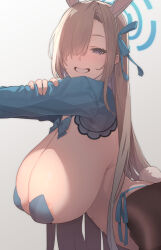 Rule 34 | 1girl, alternate breast size, animal ears, areola slip, asuna (blue archive), asuna (bunny) (blue archive), blue archive, blue bow, blue bowtie, blue ribbon, bow, bowtie, breasts, brown hair, fake animal ears, fake tail, from side, gradient background, grey background, grin, hair over one eye, hair ribbon, highres, huge breasts, leotard, light brown hair, long hair, looking at viewer, meme attire, nashida bell, navel, pasties, playboy bunny, rabbit ears, rabbit tail, reverse bunnysuit, reverse outfit, ribbon, shrug (clothing), sideboob, smile, solo, tail