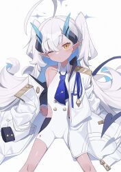 Rule 34 | 1girl, ahoge, blue archive, blue hair, blush, closed mouth, coat, colored inner hair, dark-skinned female, dark skin, grey hair, halo, highres, hip vent, horns, long hair, long sleeves, looking at viewer, multicolored hair, off shoulder, one eye closed, open clothes, open coat, orange eyes, pointy ears, simple background, solo, sumomo (blue archive), two side up, unitard, very long hair, wagashi928, white background, white coat
