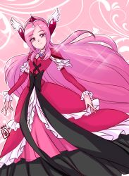 Rule 34 | 00s, 1girl, 2015, adapted costume, arm warmers, black bow, bow, choker, closed mouth, cure passion, dated, dress, fresh precure!, frills, hair ornament, heart, heart hair ornament, higashi setsuna, layered dress, long hair, looking at viewer, maboroshineko, magical girl, pink background, pink eyes, pink hair, precure, red dress, signature, smile, solo, tiara, waist bow, white choker