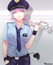 Rule 34 | 1girl, alternate costume, alternate hairstyle, belt, black belt, blue hat, blue necktie, blue pants, collared shirt, cuffs, demon tail, hand in pocket, handcuff dangle, handcuffs, hat, highres, hololive, looking at viewer, necktie, pants, pointy ears, police, police hat, police uniform, policewoman, purple hair, shirt, smug, solo, tail, therrao, tokoyami towa, uniform, virtual youtuber