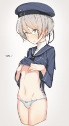 Rule 34 | 10s, 1girl, blue eyes, blue panties, blush, bottomless, bow, bow panties, clothes lift, clothes writing, cowboy shot, cropped legs, dress, flat chest, grey background, hard-translated, hat, highres, hitoshi, kantai collection, lifted by self, long sleeves, military, military uniform, navel, no pants, open mouth, panties, sailor collar, sailor dress, sailor hat, grabbing own breast, shirt lift, short hair, silver hair, simple background, solo, third-party edit, translated, underwear, uniform, z1 leberecht maass (kancolle)