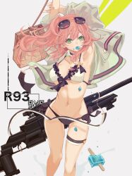 Rule 34 | armpits, arms up, bikini, blaser r93, bolt action, cropped jacket, eyewear on head, food, food in mouth, frilled bikini, frills, front-tie bikini top, front-tie top, girls&#039; frontline, green eyes, gun, highres, jacket, long hair, mismatched bikini, official alternate costume, open clothes, open jacket, pink hair, popsicle, r93 (girls&#039; frontline), r93 (holiday lucky star) (girls&#039; frontline), rabb horn, rifle, side-tie bikini bottom, side ponytail, sniper rifle, sunglasses, swimsuit, weapon