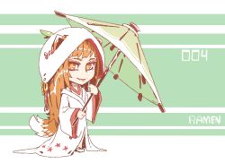Rule 34 | animal ears, artist name, brown hair, chibi, closed mouth, commentary, ears through headwear, english commentary, fang, fang out, green background, highres, holding, holo, long hair, long sleeves, looking at viewer, parasol, ramenwarwok, red eyes, robe, sandals, smile, solo, spice and wolf, standing, tail, umbrella, wide sleeves, wolf ears, wolf tail, yellow eyes