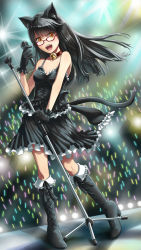 Rule 34 | 1girl, animal ears, bell, black camisole, black footwear, black hair, black skirt, boots, breasts, camisole, cat ears, commentary request, frilled camisole, frilled skirt, frills, full body, glasses, glowstick, holding, holding microphone, holding microphone stand, idol, jingle bell, knee boots, long hair, looking at viewer, medium breasts, microphone, microphone stand, natsuya (kuttuki), neck bell, open mouth, orange eyes, red-framed eyewear, skirt, smile, solo, standing, venus blade