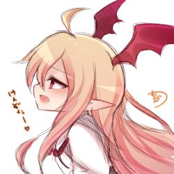 Rule 34 | 1girl, ahoge, bad id, bad pixiv id, bat wings, blonde hair, blush, commentary request, fang, granblue fantasy, hair between eyes, head wings, long hair, muuran, open mouth, pointy ears, profile, red eyes, red wings, shingeki no bahamut, shirt, sideways mouth, signature, simple background, sketch, solo, translation request, vampy, very long hair, white background, white shirt, wings