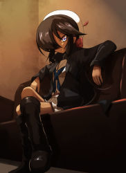 Rule 34 | 10s, 1girl, black coat, black eyes, black footwear, black hair, blouse, blue neckerchief, boots, bow, coat, commentary, couch, crossed arms, dark, dark-skinned female, dark skin, dixie cup hat, eyes visible through hair, girls und panzer, hair bow, hair over one eye, hat, hat feather, highres, jinguu (4839ms), knee boots, long hair, long sleeves, military hat, miniskirt, neckerchief, ogin (girls und panzer), ooarai naval school uniform, open clothes, open coat, pleated skirt, ponytail, red bow, sailor, sailor collar, school uniform, shirt, sitting, skirt, smirk, smoking pipe, solo, white hat, white shirt, white skirt