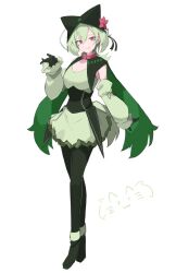 Rule 34 | 1girl, breasts, closed mouth, creatures (company), detached sleeves, fang, flower, full body, game freak, gloves, green hair, hat, hat flower, highres, looking at viewer, meowscarada, nintendo, pantyhose, personification, pokemon, red eyes, sakuragi raia, simple background, skin fang, skirt, slit pupils, small breasts, solo, white background