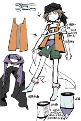 Rule 34 | 1other, absurdres, androgynous, black hair, brown hair, character sheet, chinese text, cocopalm, green shorts, highres, kuzu suzumi, len&#039;en, open clothes, open mouth, open vest, orange vest, other focus, ribbon-trimmed shorts, ribbon-trimmed socks, ribbon trim, short hair, shorts, simple background, sketch, smile, socks, solo, strapless, translation request, tube top, turban, vest, white background, white socks, white tube top