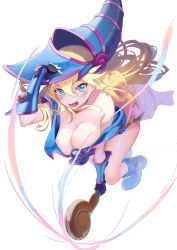 Rule 34 | 1girl, absurdres, arm up, bare legs, black gloves, blonde hair, blue dress, blue eyes, blue footwear, blue hat, blush, boots, breasts, chinese commentary, cleavage, commentary request, dark magician girl, detached sleeves, dress, duel monster, fingerless gloves, from above, full body, gloves, hair between eyes, hand on headwear, hat, highres, holding, holding staff, jliaan, large breasts, long hair, looking at viewer, off shoulder, open mouth, simple background, solo, staff, staff riding, white background, wizard hat, yu-gi-oh!