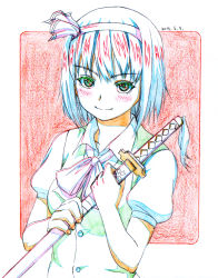 Rule 34 | 1girl, blue hair, blush, bow, bowtie, closed mouth, collared shirt, colored pencil (medium), dated, graphite (medium), green eyes, green vest, headband, holding, holding sword, holding weapon, katana, konpaku youmu, limited palette, looking at viewer, makicha (sasurainopink), pink bow, pink bowtie, puffy short sleeves, puffy sleeves, scabbard, sheath, shirt, short hair, short sleeves, smile, solo, sword, touhou, traditional media, upper body, vest, weapon, white shirt, wing collar