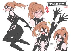 Rule 34 | 1girl, ^ ^, animification, anya corazon, black bodysuit, bodysuit, breasts, brown hair, closed eyes, confused, heart, highres, looking at viewer, marvel, mask, medium breasts, multiple views, open mouth, ponytail, spider-girl, spider-man (series), superhero costume, sushi pizza rrr, v-shaped eyebrows, waving, white background