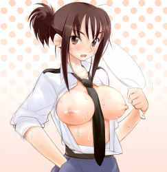 Rule 34 | 1girl, belt, between breasts, black necktie, blush, breasts, breasts out, brown eyes, brown hair, fanning self, folded ponytail, gere, geregere, giboshi matoi, gradient background, hand fan, hand in pocket, kochikame, large breasts, looking at viewer, matching hair/eyes, necktie, necktie between breasts, nipples, no bra, open clothes, open mouth, open shirt, police, police uniform, policewoman, polka dot, polka dot background, shirt, short ponytail, sidelocks, solo, sweat, nervous sweating, uniform, white shirt