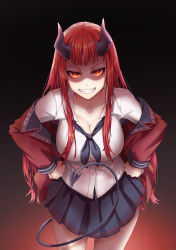 Rule 34 | 1girl, absurdres, blazer, breasts, cleavage, collarbone, collared shirt, demon girl, demon tail, evil smile, eyes in shadow, gradient background, hands on own hips, hanging breasts, head tilt, highres, horns, jacket, large breasts, leaning forward, long hair, long sleeves, looking at viewer, monster girl, neckerchief, open clothes, open jacket, original, pleated skirt, red eyes, red hair, rinko riban, school uniform, self-upload, shaded face, shirt, simple background, skirt, smile, solo, standing, tail, uniform, white shirt