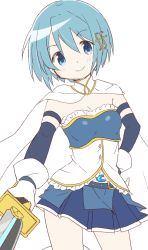 Rule 34 | 1girl, belt, blue eyes, blue hair, blue skirt, blush, breasts, cape, cleavage, closed mouth, cowboy shot, detached sleeves, dot nose, fortissimo, frills, gloves, hair between eyes, hair ornament, hairclip, hand on own hip, happy, head tilt, highres, holding, holding sword, holding weapon, looking at viewer, mahou shoujo madoka magica, mahou shoujo madoka magica (anime), miki sayaka, musical note, musical note hair ornament, outstretched arm, pleated skirt, short hair, simple background, skirt, small breasts, smile, solo, soul gem, strapless, sword, thighs, tsubaki (tatajd), weapon, white background, white cape, white gloves