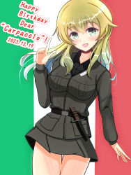 Rule 34 | 1girl, anzio military uniform, belt, black belt, black shirt, blonde hair, carpaccio (girls und panzer), character name, commentary, cowboy shot, dated, dress shirt, english commentary, flag background, girls und panzer, green eyes, grey jacket, grey skirt, happy birthday, highres, italian flag, jacket, knife, kumaisao, long hair, long sleeves, looking at viewer, military uniform, miniskirt, open mouth, shirt, skirt, smile, solo, standing, uniform, wing collar
