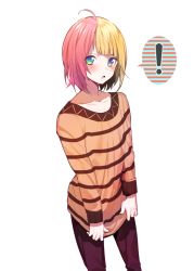 Rule 34 | !, 1boy, ahoge, androgynous, bad id, bad twitter id, blonde hair, blush, erubo, looking at viewer, male focus, multicolored hair, open mouth, orange shirt, original, pink hair, shirt, short hair, simple background, solo, speech bubble, split-color hair, spoken exclamation mark, striped clothes, striped sweater, sweater, theodor bachstein, trap, white background