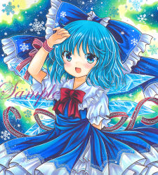 Rule 34 | 1girl, :d, blue background, blue bow, blue dress, blue eyes, blue hair, bow, bowtie, cirno, cowboy shot, dress, frilled bow, frilled dress, frilled shirt collar, frills, green background, hair bow, hand in own hair, ice, ice wings, looking at viewer, marker (medium), multicolored background, open mouth, puffy short sleeves, puffy sleeves, red bow, red bowtie, red ribbon, ribbon, rui (sugar3), sample watermark, shirt, short sleeves, smile, snowflakes, solo, touhou, traditional media, watermark, white shirt, wings, wrist ribbon