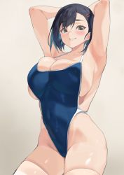 Rule 34 | 1girl, armpits, arms behind head, black hair, blue eyes, blue one-piece swimsuit, blush, breasts, cameltoe, cleavage, covered navel, grin, hair ornament, hairclip, highres, looking at viewer, mm (yoromu), one-piece swimsuit, original, school swimsuit, short hair, sideboob, smile, solo, sweatdrop, swimsuit, white legwear
