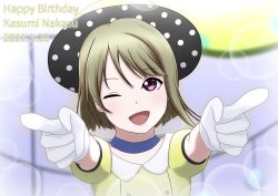 Rule 34 | 1girl, artist name, artist request, blue bow, blue choker, blush, bow, bow gloves, breasts, brown hair, buttons, choker, collarbone, collared shirt, female focus, gloves, grey hair, hat, hat bow, light brown hair, looking at viewer, love live!, love live! nijigasaki high school idol club, love live! school idol festival, nakasu kasumi, one eye closed, parted lips, pointing, pointing at viewer, polka dot headwear, poppin&#039; up (love live!), puffy short sleeves, puffy sleeves, purple eyes, red eyes, shirt, short hair, short sleeves, small breasts, smile, solo, teejohn3, upper body, white bow, white gloves, yellow hat, yellow shirt