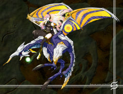 Rule 34 | 1girl, armband, bare shoulders, crossover, dragon, flying, halterneck, headset, horns, long hair, megurine luka, panzer dragoon, pink hair, riding, single horn, thighhighs, very long hair, vocaloid