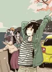 Rule 34 | 2boys, 2girls, arms up, black hair, brown hair, can, car, cherry blossoms, closed mouth, commentary request, green jacket, grin, hair bun, highres, holding, holding can, hosoo, jacket, long skirt, motor vehicle, mountain, multiple boys, multiple girls, ocean, open mouth, original, outdoors, pants, pleated skirt, pointing, profile, shirt, short hair, single hair bun, skirt, smile, standing, striped clothes, striped shirt