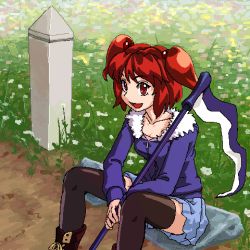 Rule 34 | 1girl, alternate costume, black thighhighs, casual, contemporary, female focus, kiriu, lowres, oekaki, onozuka komachi, open mouth, red eyes, red hair, scythe, sitting, solo, thighhighs, touhou, twintails, two side up