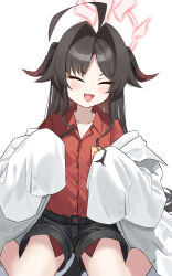 Rule 34 | 1girl, absurdres, ahoge, black hair, black horns, black shorts, black tail, blue archive, blush, closed eyes, coat, collared shirt, demon horns, fang, hair intakes, halo, highres, horns, kasumi (blue archive), lab coat, long hair, open mouth, red halo, red shirt, shirt, shirt tucked in, shorts, simple background, sleeves past fingers, sleeves past wrists, smile, solo, wasi, white background, white coat