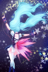 Rule 34 | 1girl, aqua hair, arm warmers, arms up, boots, choker, holding, linus falco, long hair, lowres, outstretched arms, reum, skirt, solo, star (symbol), sword girls, thighhighs, twintails, very long hair, wavy hair, white thighhighs