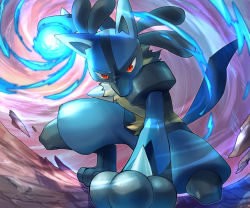 Rule 34 | closed mouth, commentary request, creatures (company), energy, energy ball, from below, game freak, gen 4 pokemon, highres, kneeling, looking at viewer, lucario, nintendo, orange eyes, pokemon, pokemon (creature), solo, yellow fur, yukichi (tsuknak1)