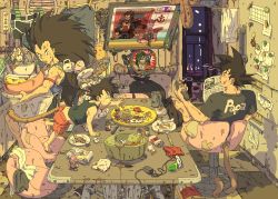 Rule 34 | 3boys, age difference, alcohol, apron, armor, ashtray, bardock, barefoot, beer, black hair, bone, boned meat, boots, bottle, bug, can, captain ginyu, casual, chair, character doll, cigarette, clothes writing, clothesline, cockroach, controller, cup, dirty, dishes, dodoria, dragon ball, dragonball z, eating, eggshell, hand fan, father and son, food, fork, frieza, full mouth, gears, highres, indoors, bug, king vegeta, knife, liquor, long hair, magnet, male focus, matches, meat, messy room, microphone, monkey tail, monkeycry, mouth hold, multiple boys, newspaper, smoking pipe, raditz, razor, reaching, refrigerator magnet, remote control, room, rubber band, scar, scouter, shirt, shorts, siblings, skull, son goku, spiked hair, spoon, sumiru (dancing monkey), t-shirt, table, tail, tank top, tarble, television, towel, trash, vegeta, alternate universe, aged down, zarbon