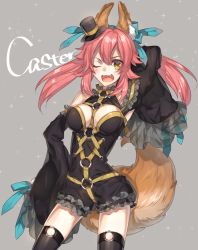 Rule 34 | 10s, 1girl, ;3, ;d, animal ears, bad id, bad pixiv id, bare shoulders, black thighhighs, blush, bow, breasts, character name, chocoan, cleavage, detached sleeves, fang, fate/extra, fate/extra ccc, fate (series), flower ornament, fox ears, fox tail, hair bow, hair ribbon, hand in own hair, hand on own hip, hat, large breasts, long hair, md5 mismatch, mini hat, mini top hat, official alternate costume, one eye closed, open mouth, pink hair, ribbon, smile, solo, tail, tamamo (fate), tamamo no mae (fate/extra), tamamo no mae (sable mage) (fate), thighhighs, top hat, twintails, yellow eyes