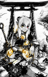 Rule 34 | 1girl, absurdres, armor, bandages, branch, breastplate, broken horn, chouhi mori, club (weapon), heterochromia, highres, horns, kanabou, kanji, long hair, monochrome, mountain, oni, original, pointy ears, sandals, scar, shoulder pads, signature, sitting, solo, orb, spot color, torii, tree, weapon, wristband