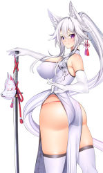 Rule 34 | 1girl, absurdly long hair, animal ear fluff, animal ears, ass, blush, breasts, china dress, chinese clothes, clothing cutout, dress, elbow gloves, fox ears, fox shadow puppet, from behind, gloves, hair between eyes, hair ornament, highres, huge ass, huge breasts, kippuru, long hair, looking at viewer, original, pelvic curtain, ponytail, purple eyes, shiny skin, side cutout, sideboob, simple background, skirt, smile, solo, sword, thick thighs, thighhighs, thighs, thong, very long hair, weapon, white background, white hair, white thighhighs