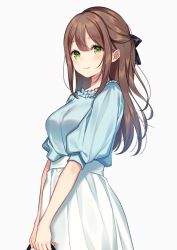 Rule 34 | 1girl, black ribbon, blouse, blue shirt, blush, breasts, brown hair, closed mouth, cowboy shot, frilled shirt, frills, from side, green eyes, grey background, hair ribbon, high-waist skirt, holding, long hair, looking at viewer, medium breasts, moyui (myi 005), original, puffy short sleeves, puffy sleeves, ribbon, shirt, shirt tucked in, short sleeves, sidelocks, simple background, skirt, smile, solo, white skirt