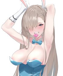 Rule 34 | 1girl, animal ears, armpits, arms up, asuna (blue archive), asuna (bunny) (blue archive), blue archive, blue eyes, blush, bow, bowtie, breasts, cleavage, condom, condom in mouth, detached collar, fake animal ears, gloves, grin, hair over one eye, large breasts, leotard, light brown hair, long hair, mole, mole on breast, mouth hold, osanpo02, playboy bunny, rabbit ears, smile, solo, teeth hold, white gloves