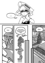 Rule 34 | + +, ..., 1girl, ankle boots, boots, cellphone, christmas tree, comic, detached collar, dress, earrings, english text, gloves, gomipomi, greyscale, highres, holding, inkling, jewelry, marie (splatoon), mole, mole under eye, monochrome, nintendo, phone, pointy ears, short dress, short hair, smartphone, splatoon (series), splatoon 1, spoken ellipsis, standing, strapless, strapless dress, tentacle hair