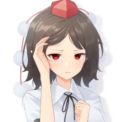 Rule 34 | 1girl, arm up, blush, brown hair, clenched hand, closed mouth, commentary request, eyebrows, hand on own face, hands up, hat, highres, kanpa (campagne 9), looking at viewer, medium hair, neck ribbon, pointy ears, pom pom (clothes), red eyes, red hat, ribbon, shameimaru aya, shirt, simple background, solo, touhou, upper body, white background, white shirt