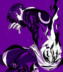 Rule 34 | 1boy, crescent moon, crescent print, fire, from behind, hair over one eye, juu satoshi, looking back, male focus, monochrome, moon, purple background, purple theme, pyrokinesis, solo, the king of fighters, yagami iori