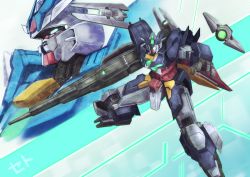 Rule 34 | aqua eyes, close-up, earthree gundam, funnels (gundam), gun, gundam, gundam build divers, gundam build divers re:rise, highres, holding, holding gun, holding weapon, looking at viewer, looking to the side, mecha, no humans, open hand, robot, seto (atsushi533822), uraven gundam, v-fin, weapon