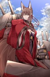 Rule 34 | 1girl, absurdres, amagi (azur lane), animal ear fluff, animal ears, azur lane, bird, black choker, blue sky, blunt bangs, breasts, bridal gauntlets, brown hair, cannon, choker, cleavage, cloud, cloudy sky, commentary, cowboy shot, dated commentary, fox ears, fox girl, fox tail, hair ornament, hand up, highres, japanese clothes, kimono, kitsune, kyuubi, large breasts, long hair, multiple tails, print kimono, purple eyes, red kimono, rigging, samip, see-through, see-through cleavage, sky, solo, tail, thick eyebrows, turret, wide sleeves
