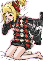 Rule 34 | &gt; &lt;, 1girl, alternate hairstyle, argyle, argyle clothes, argyle sweater, bare legs, barefoot, blonde hair, blush, closed eyes, contemporary, coughing, female focus, hair bobbles, hair ornament, kingin, kneeling, long sleeves, oversized clothes, ponytail, rumia, sleeves past wrists, sneezing, solo, sweater, touhou