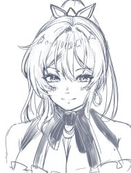 Rule 34 | 1girl, bare shoulders, blush, breasts, closed mouth, dress, earrings, fujisaki subaru, goddess of victory: nikke, greyscale, hair between eyes, high ponytail, jewelry, large breasts, mole, mole on breast, monochrome, noise (nikke), portrait, sketch, smile, solo