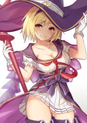 Rule 34 | 10s, 1girl, blonde hair, boots, bow, breasts, brown eyes, cleavage, collarbone, cowboy shot, djeeta (granblue fantasy), frilled gloves, frilled sleeves, frills, gloves, granblue fantasy, hairband, hand on headwear, hat, large breasts, looking at viewer, neckerchief, pleated skirt, purple bow, purple hat, purple ribbon, red ribbon, ribbon, sash, shishikai, short hair, short sleeves, skirt, smile, solo, staff, thigh boots, thighhighs, warlock (granblue fantasy), white gloves, white skirt, witch hat, yellow eyes