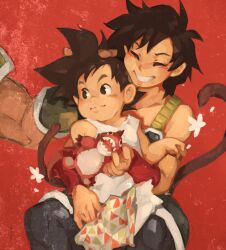 Rule 34 | 1girl, 2boys, black eyes, black hair, closed eyes, dragon ball, flower, gine, highres, khyle., monkey tail, mother and son, multiple boys, parted lips, red background, short hair, smile, son goku, stuffed toy, tail, tank top, toy, white flower, white tank top