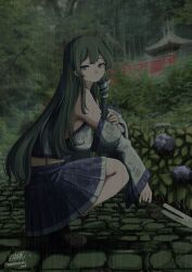 Rule 34 | 1girl, absurdres, architecture, detached sleeves, east asian architecture, flower, gohei, green hair, hair between eyes, hair ornament, highres, hydrangea, kochiya sanae, long hair, looking at another, mesuosushi, nature, outdoors, rain, single hair tube, skirt, snake hair ornament, solo, squatting, touhou, twitter username, wet, wet clothes