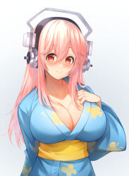 Rule 34 | 1girl, blue kimono, blush, breasts, cleavage, commission, headphones, japanese clothes, kimono, large breasts, long hair, looking at viewer, nitroplus, obi, pink hair, pixiv commission, red eyes, rizihike, sash, smile, solo, super sonico, yukata